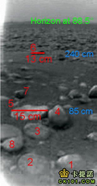 歐洲太空探測器「惠更斯」1月14日拍攝到的泰坦表面的卵石形狀的岩石或冰積石形貌,編號旁邊的數字代表石頭 . ...